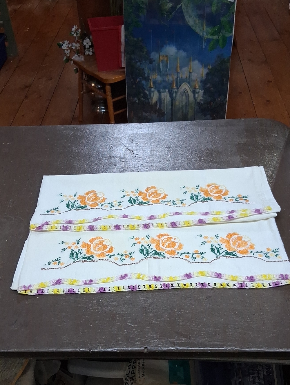Vintage cross stitched floral Pillowcases with‎ lavendar & yellow Crocheted Lace